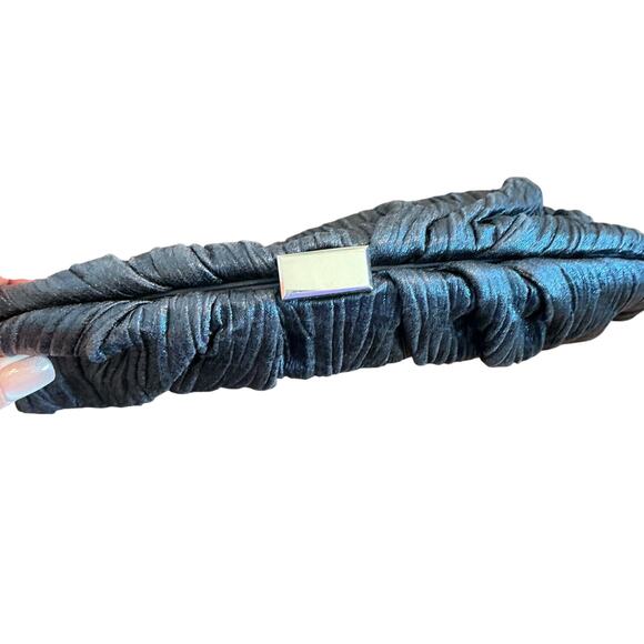 SONDRA ROBERTS Navy Blue Metallic Silk Gathered Pleated Evening Clutch Handbag - Picture 9 of 10